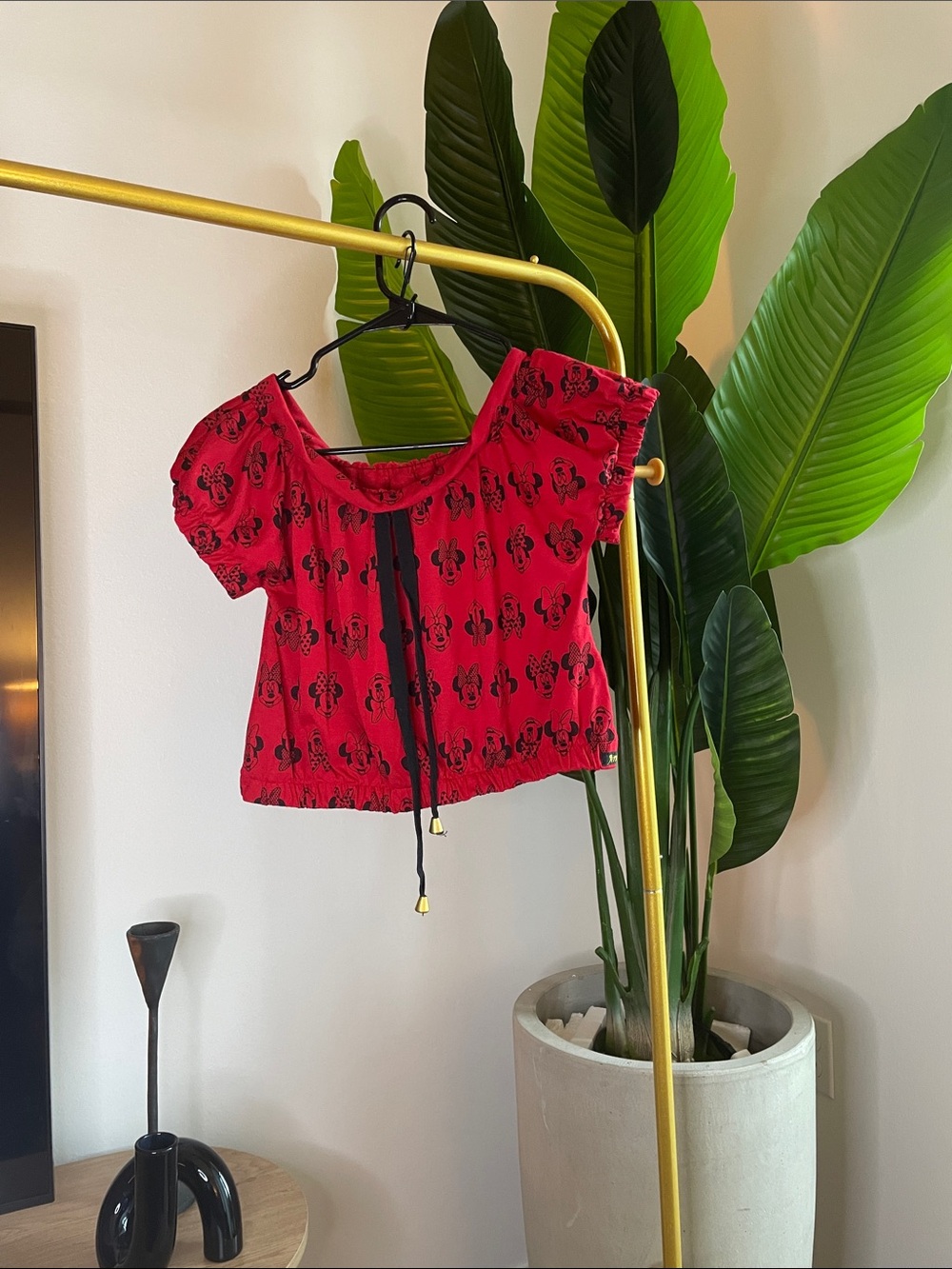 Red Printed Short-Sleeve Tie-Front Crop Top - Mickey Mouse Brazil